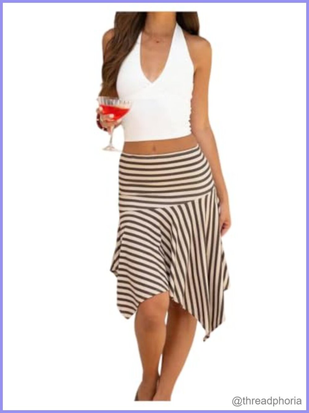 Striped Asymmetrical Flowy Ruffle Low Rise Midi Skirt